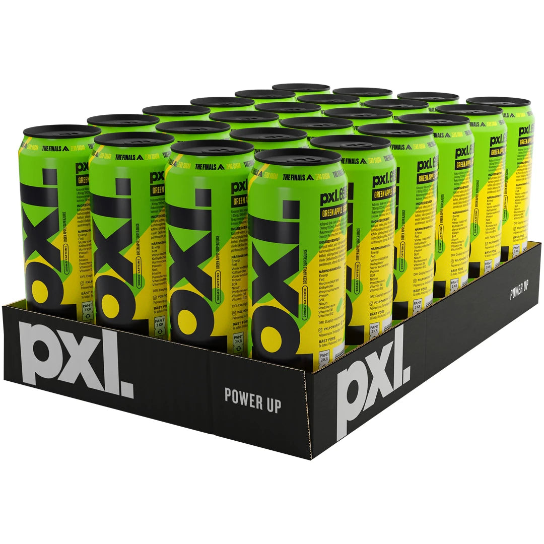 24 x PXL Energy 500 ml Sour Core mustassa laatikossa vaaleanvihreillä energiajuomatölkeillä ja mustalla tekstillä.