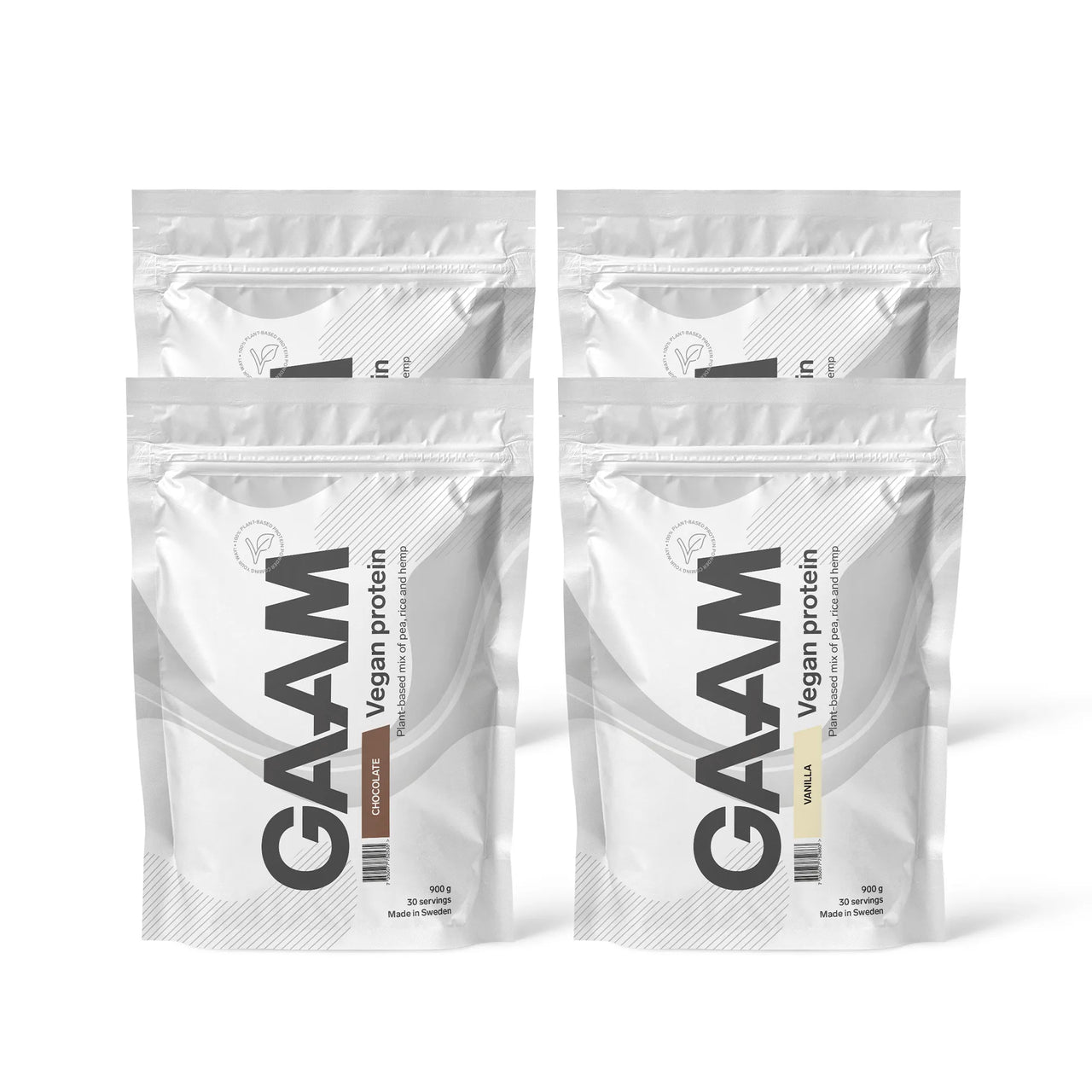 4 x GAAM Vegan Protein 900 g neljässä valkoisessa pussissa, makuvaihtoehtoina Chocolate ja Vanilla.