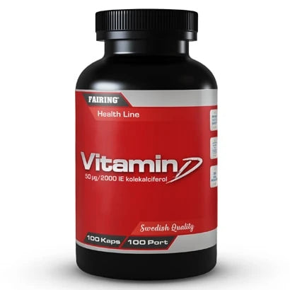 Fairing Vitamin D 100 caps, D-vitamiinilisä mustassa purkissa punaisella etiketillä.