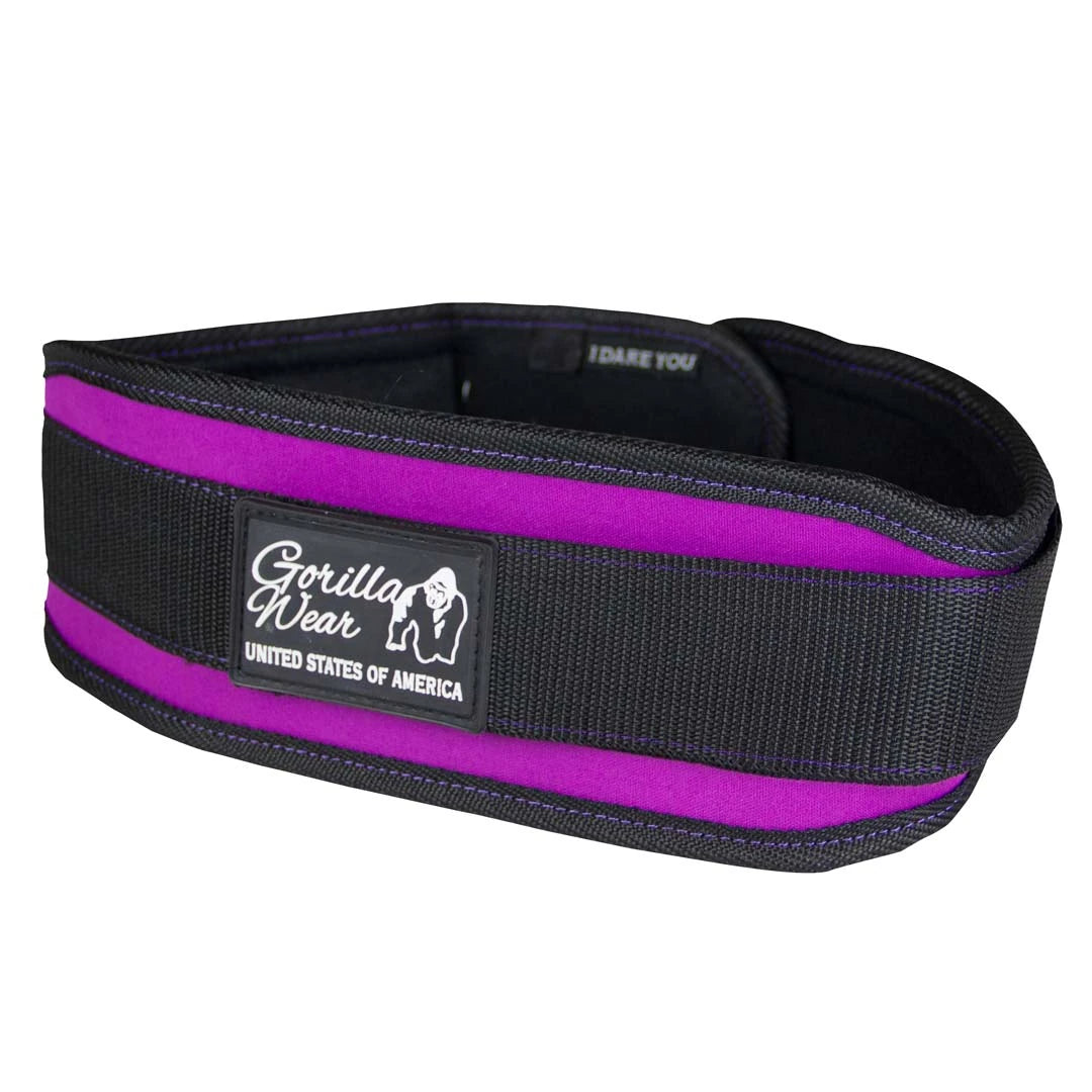 Gorilla Wear 4 Inch Women's Lifting Belt Black/Purple, musta ja violetti treenivyö nailonista.