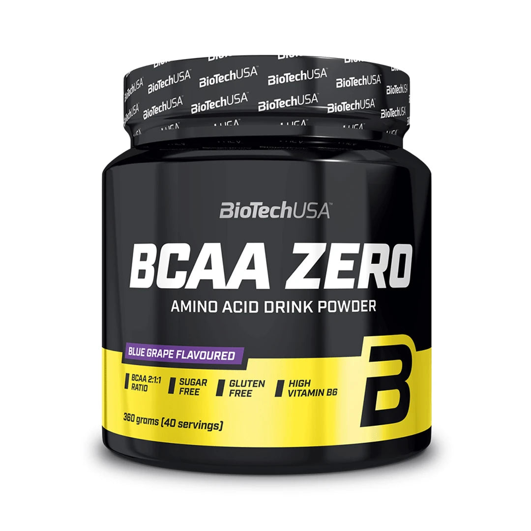 Musta purkki keltaisilla yksityiskohdilla, joka sisältää BioTechUSA BCAA Zero 360 g -aminohappoja Blue Grape -maussa.