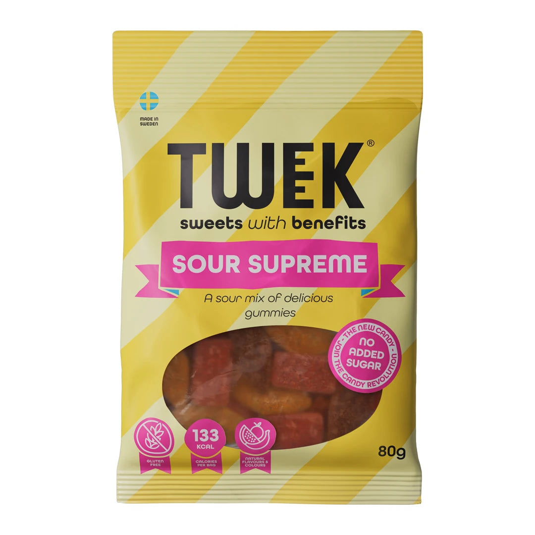 Tweek Sweets 80 g kelta-valkoraidallisessa pussissa vaaleanpunaisilla yksityiskohdilla, makuna Sour Supreme., kuva 5/7