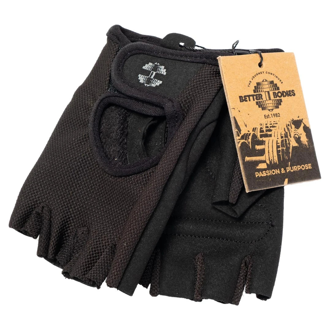 Mustat Better Bodies Womens Training Gloves Black -treenihanskat amara-nahkaa ja nailonverkkoa tarrakiinnityksellä.