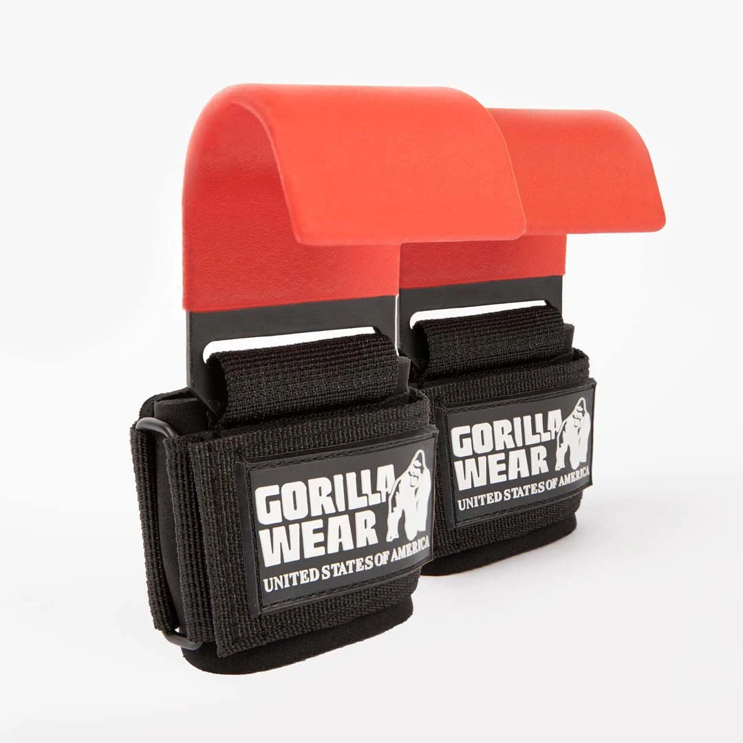 Mustat nailoniset Gorilla Wear Weight Lifting Hooks Black/Red -vetoremmit, joissa on leveät punaiset teräskoukut.