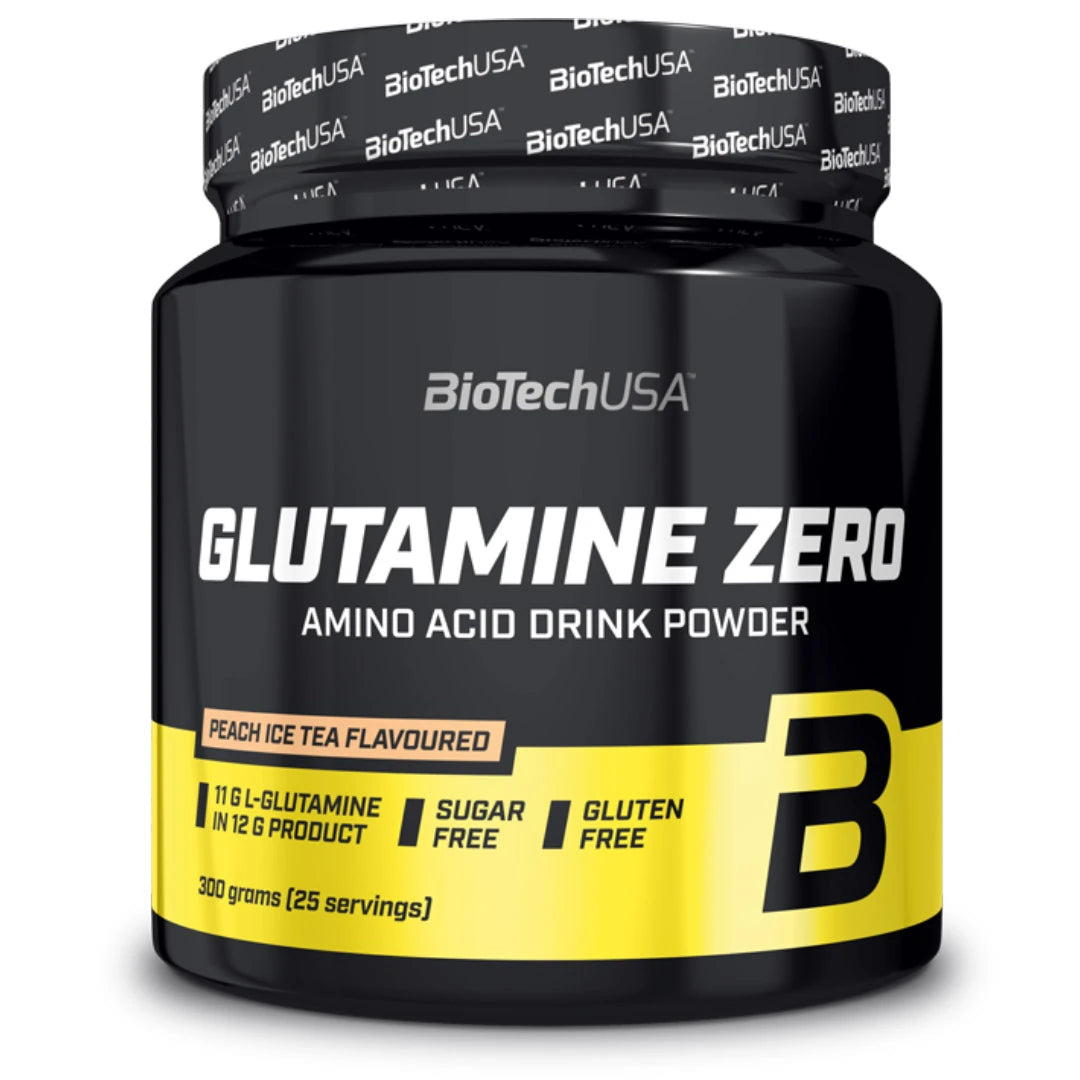 BioTechUSA Glutamine Zero 600 g -L-glutamiinijauhe mustakeltaisessa purkissa, makuna Peach Ice Tea.