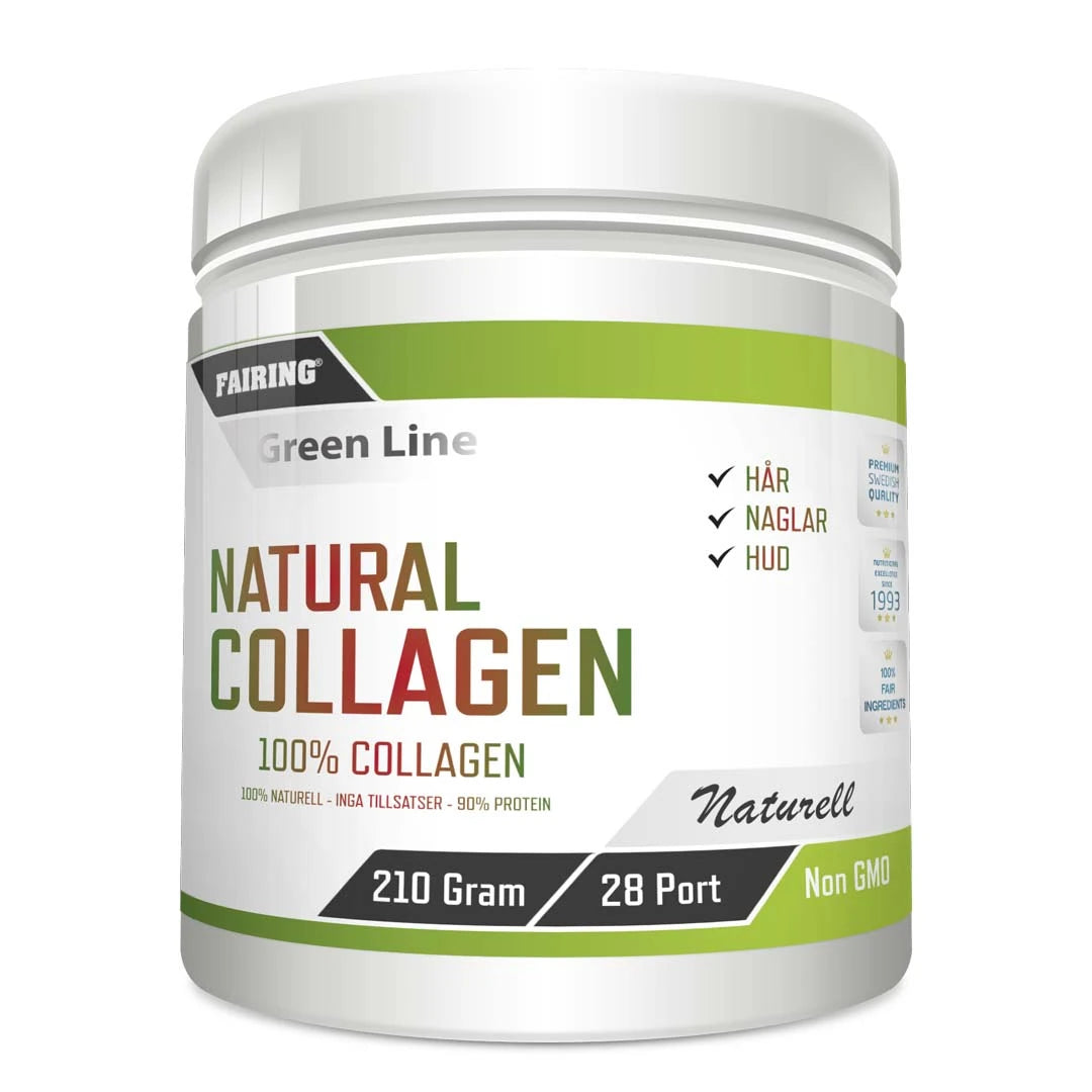 Fairing Natural Collagen 210 g -kollageenijauhe hiuksille, iholle ja kynsille valko-vihreässä purkissa.