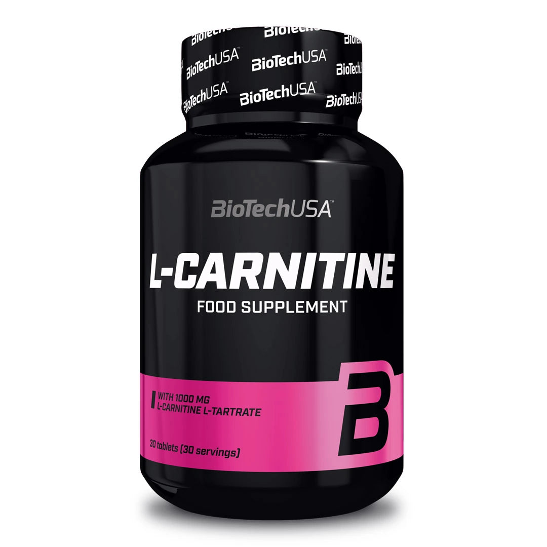 BioTechUSA L-Carnitine 1000 60 caps -ravintolisä mustassa purkissa vaaleanpunaisilla ja valkoisilla yksityiskohdilla.