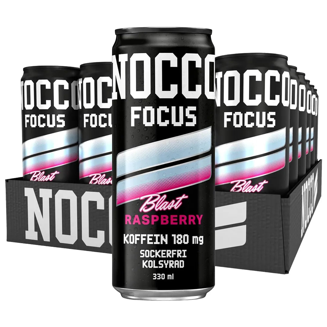 24 x NOCCO FOCUS 3 330 ml Raspberry Blast mustat tölkit mustassa laatikossa vaaleansinisin ja pinkein yksityiskohdin.