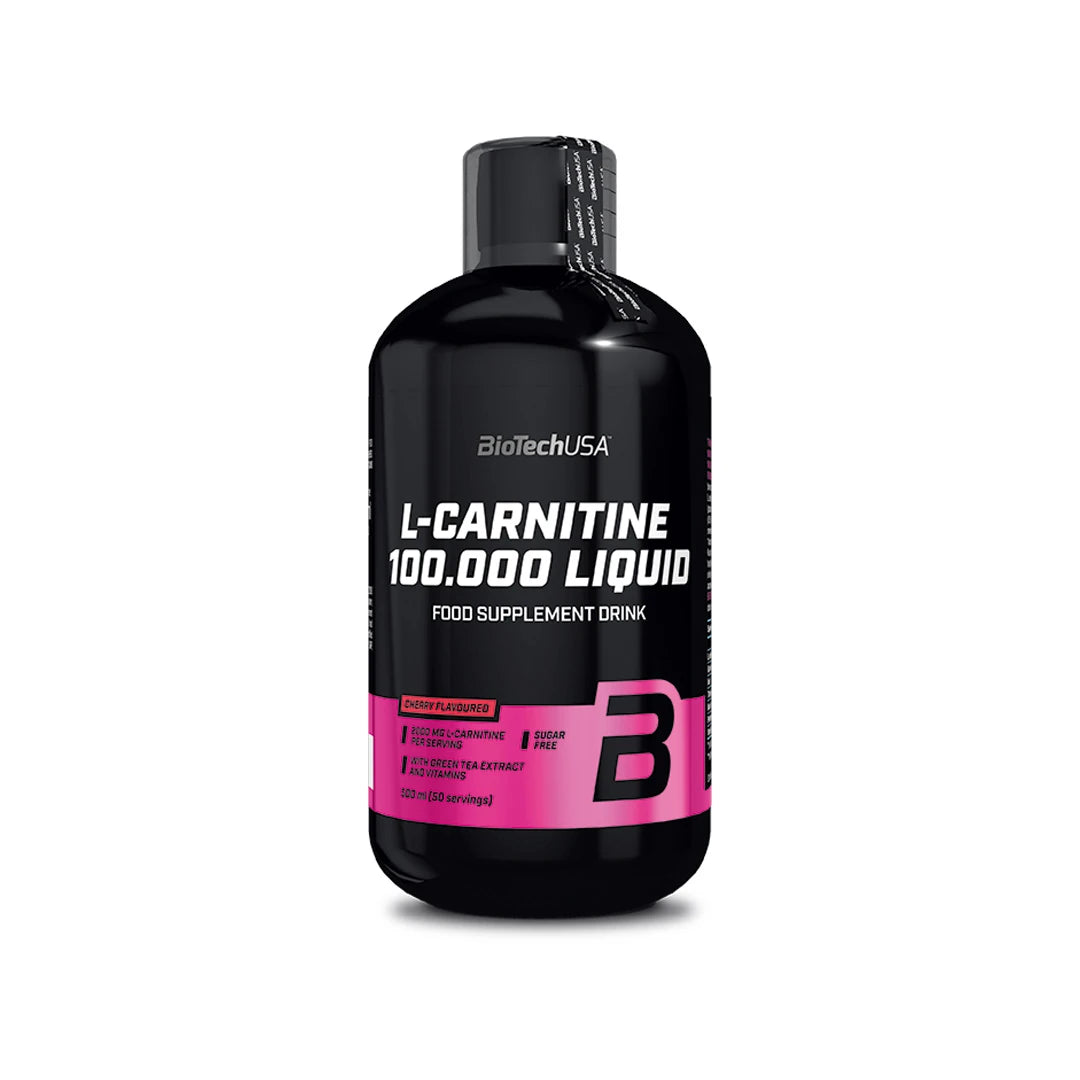 BioTechUSA L-Carnitine 100.000 Liquid 500 ml mustassa pullossa pinkeillä yksityiskohdilla, makuna Cherry.