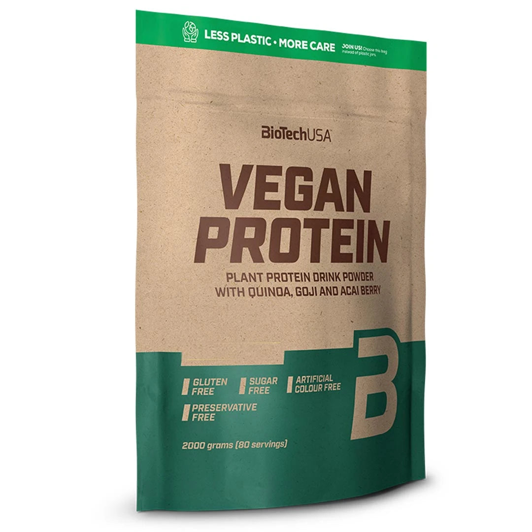 BioTechUSA Vegan Protein 2 kg paperimaisessa pussissa, jossa on vihreitä yksityiskohtia ja tekstiä vähemmästä muovista.
