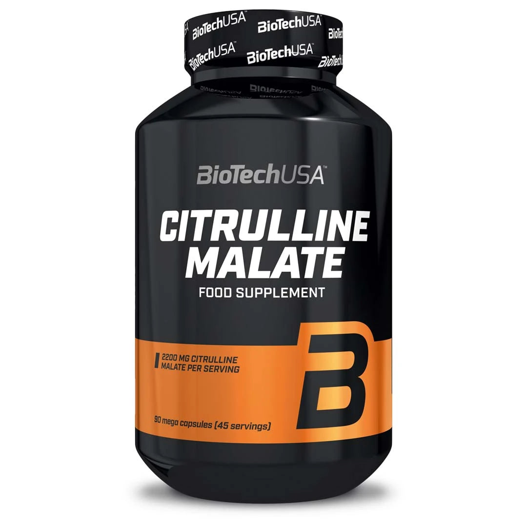 BioTechUSA Citrulline Malate 90 caps -ravintolisä mustassa purkissa, jossa on oransseja yksityiskohtia.