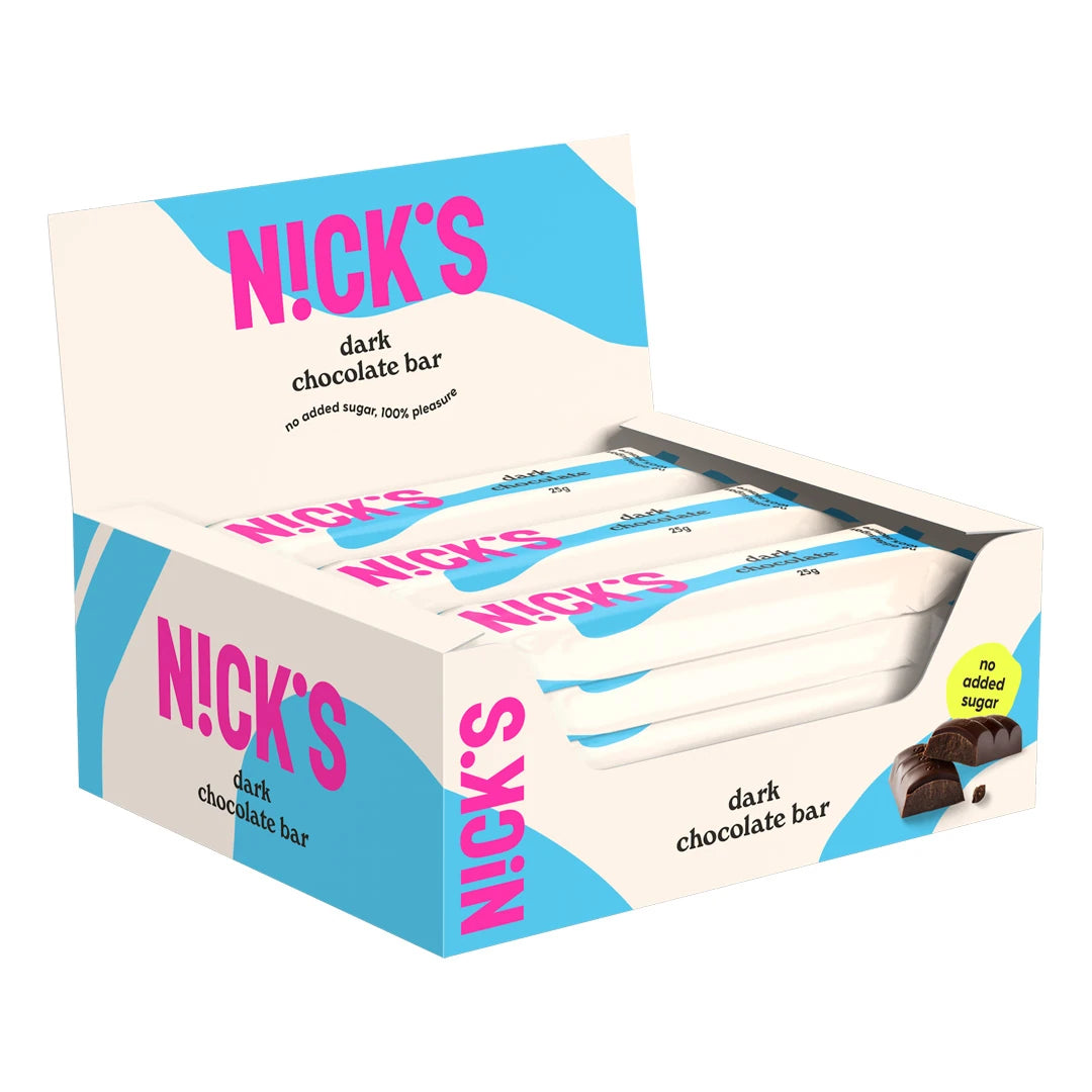 15 x Nicks Dark Chocolate 25 g valkoisessa ja vaaleansinisessä laatikossa täynnä suklaapatukoita., kuva 1/1