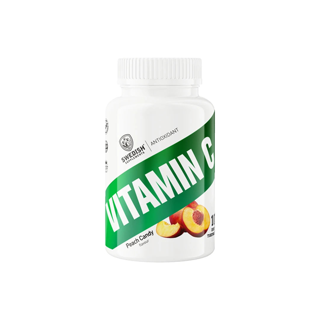 Swedish Supplements Vitamin C 100 pcs Peach Candy -purutabletteja valkoisessa purkissa vihreällä etiketillä.
