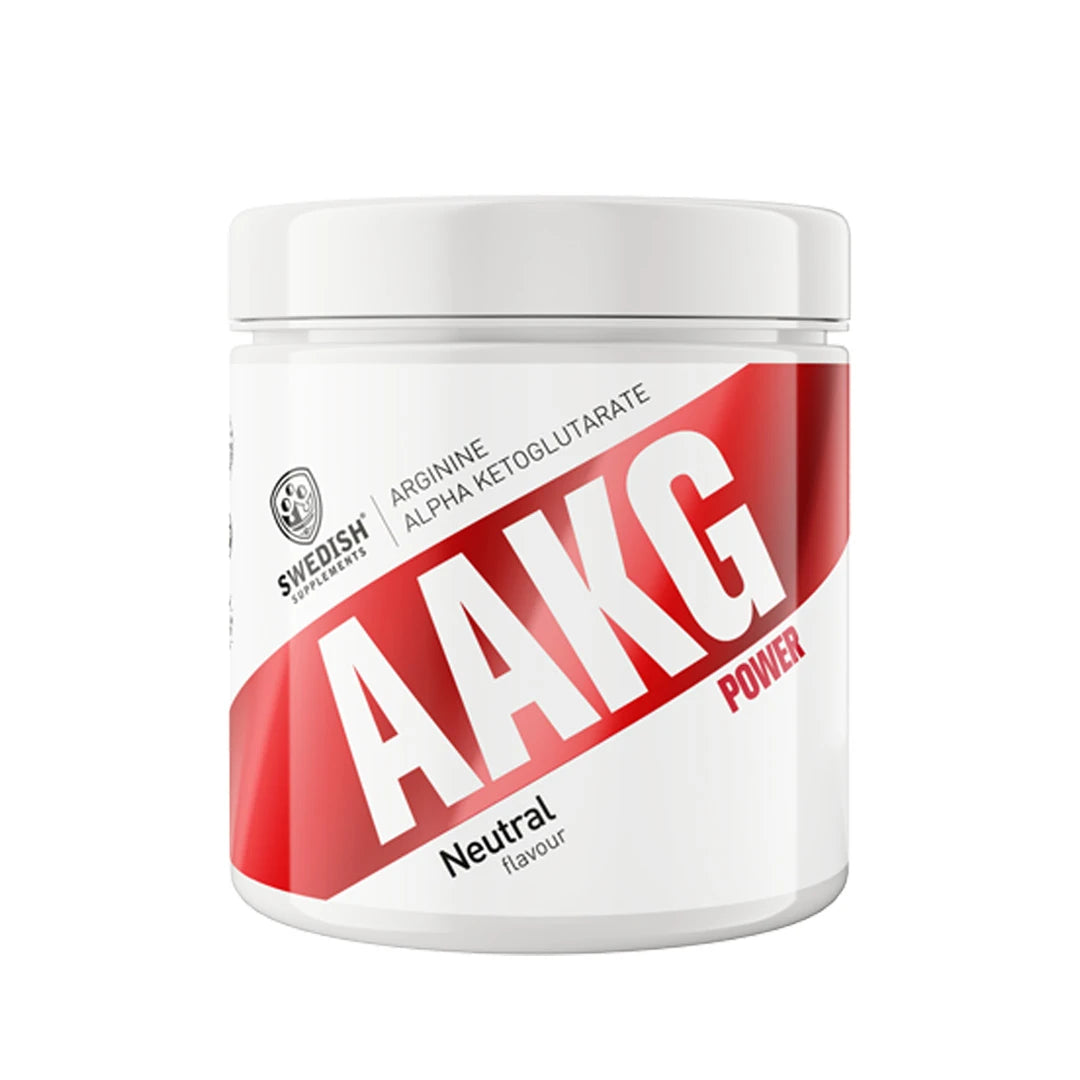 Swedish Supplements AAKG Power 250 g -suorituskyvyn tehostaja valkoisessa purkissa, jossa on punavalkoinen etiketti Neutral flavour -maulla.