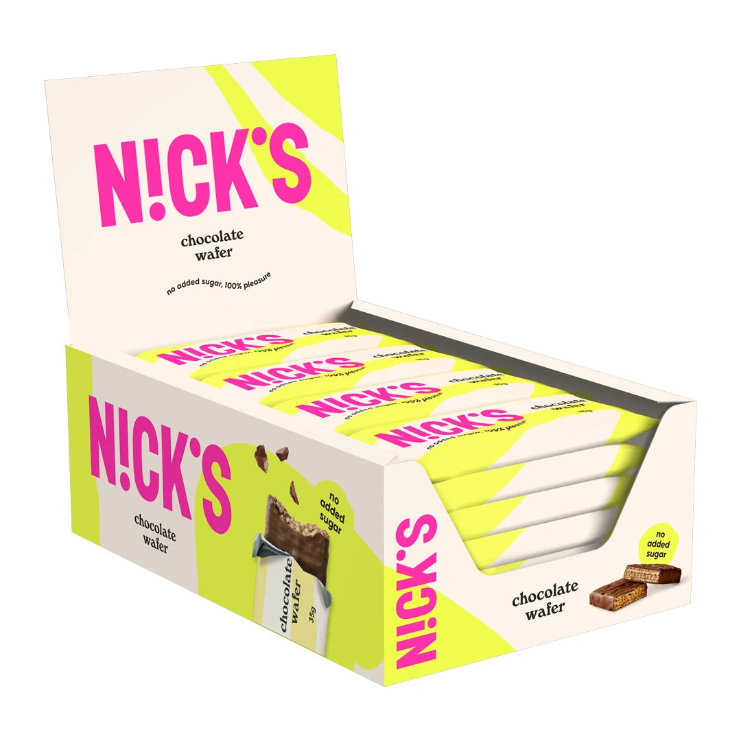 24 x Nicks Chocolate Wafer 35 g valko-limenvihreässä laatikossa vaaleanpunaisilla yksityiskohdilla, täynnä suklaakeksejä., kuva 1/1