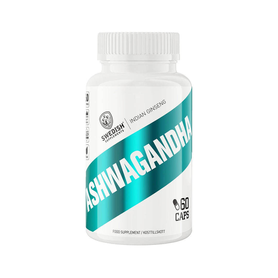 Swedish Supplements Ashwagandha 60 caps -ravintolisä valkoisessa purkissa, jossa on turkooseja ja mustia yksityiskohtia.