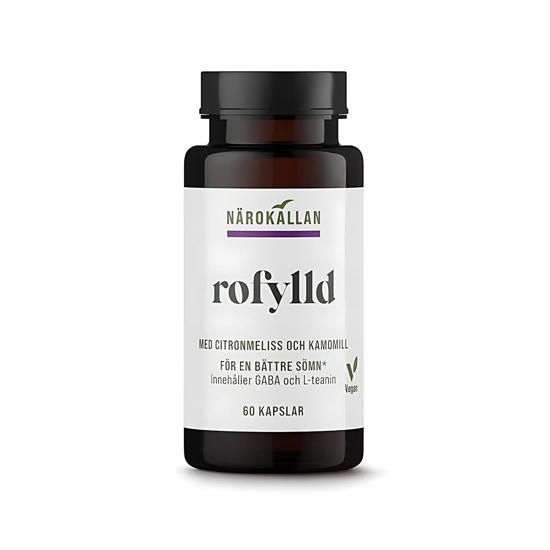 Närokällan Rofylld 60 caps -ravintolisä tummassa purkissa valkoisella etiketillä, sitruunamelissalla ja kamomillalla.