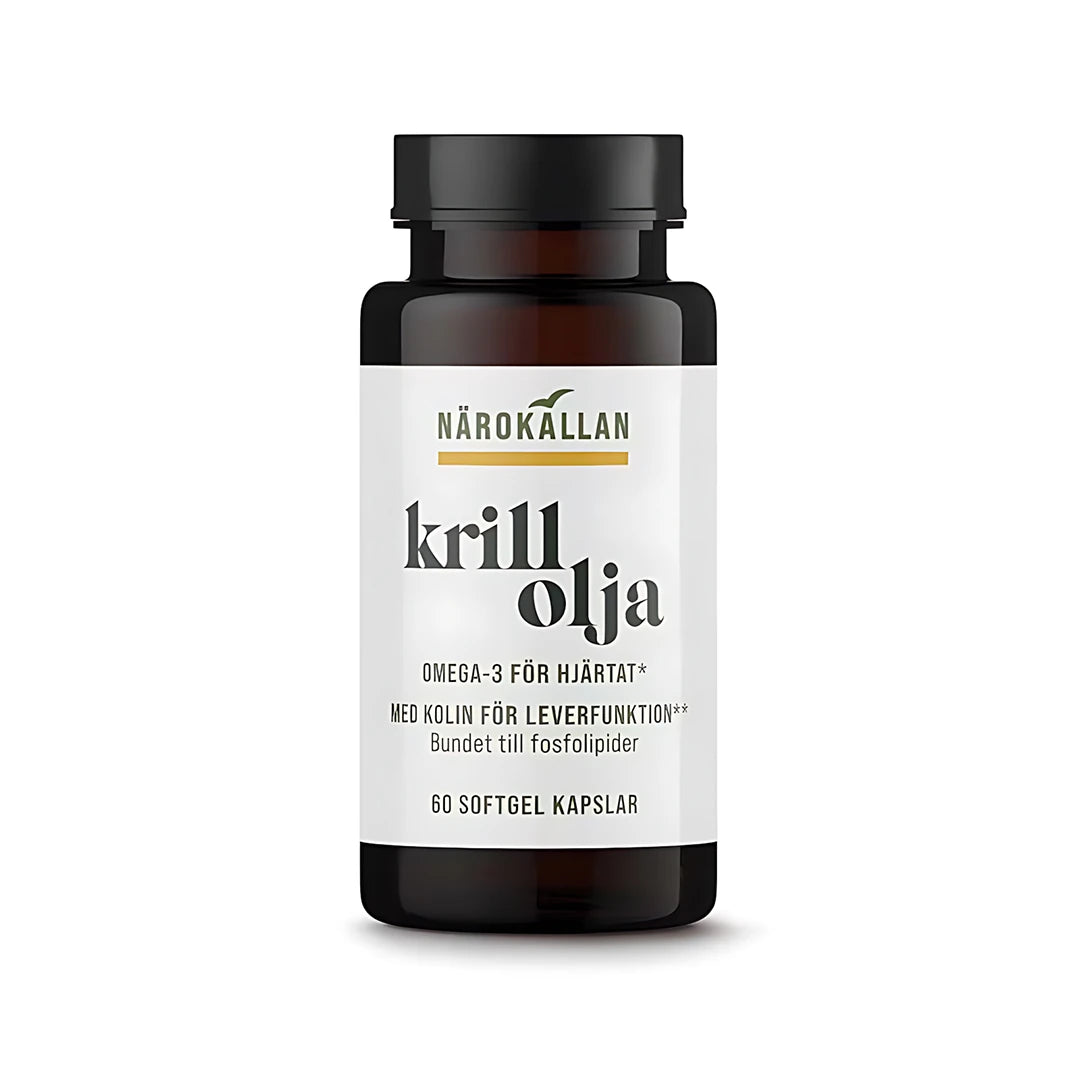 Närokällan Krillolja 60 caps -omega-3-ravintolisä tummanruskeassa purkissa valkoisella etiketillä ja mustalla kannella.