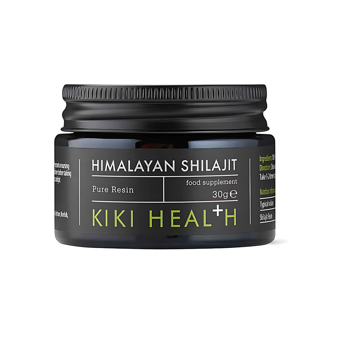 KIKI Health Himalayan Shilajit 30 g tummassa lasipurkissa, jossa musta kansi ja musta etiketti vihreillä yksityiskohdilla., kuva 1/1