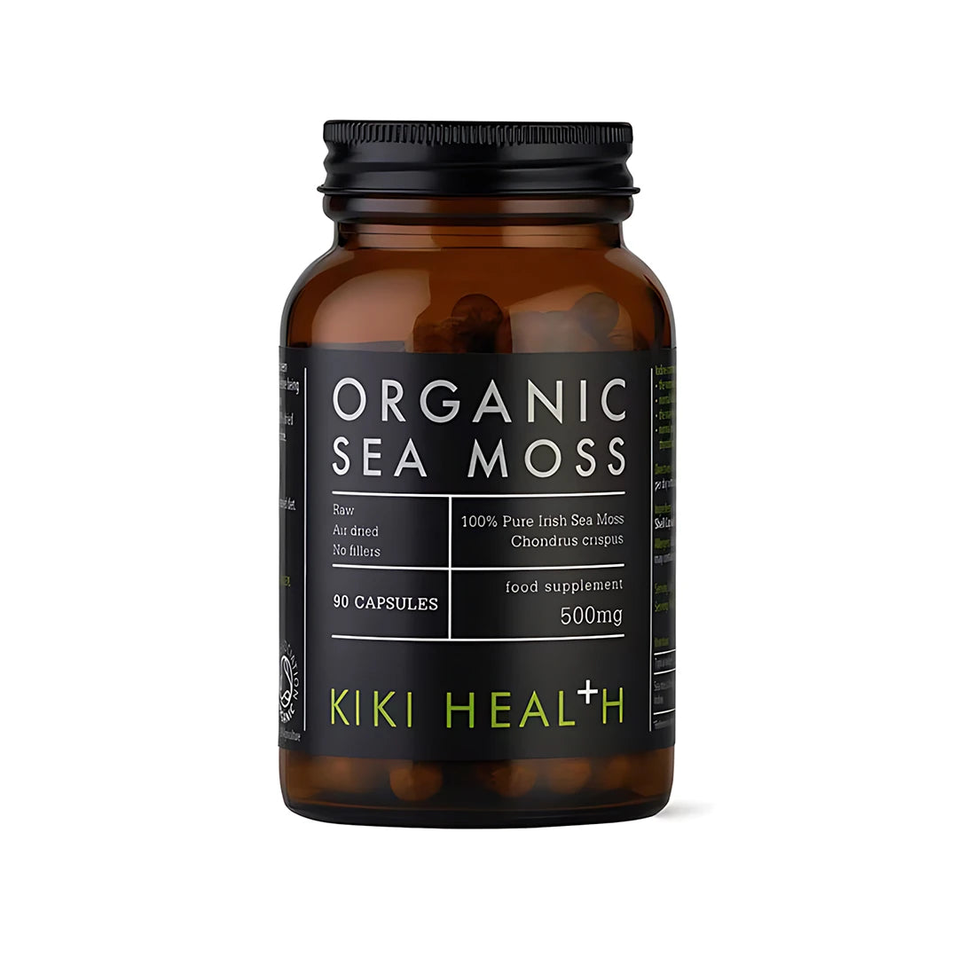 KIKI Health Organic Irish Sea Moss 90 caps tummassa lasipurkissa mustalla etiketillä., kuva 1/1