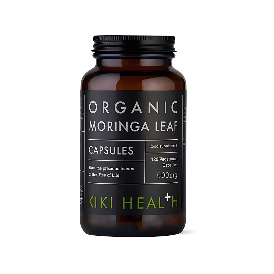 KIKI Health Organic Moringa Leaf 120 caps tummanruskeassa purkissa, jossa on musta etiketti., kuva 1/1