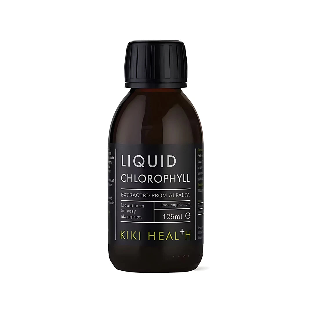 KIKI Health Liquid Chlorophyll 125 ml nestemäinen klorofylli tummassa pullossa mustalla etiketillä.