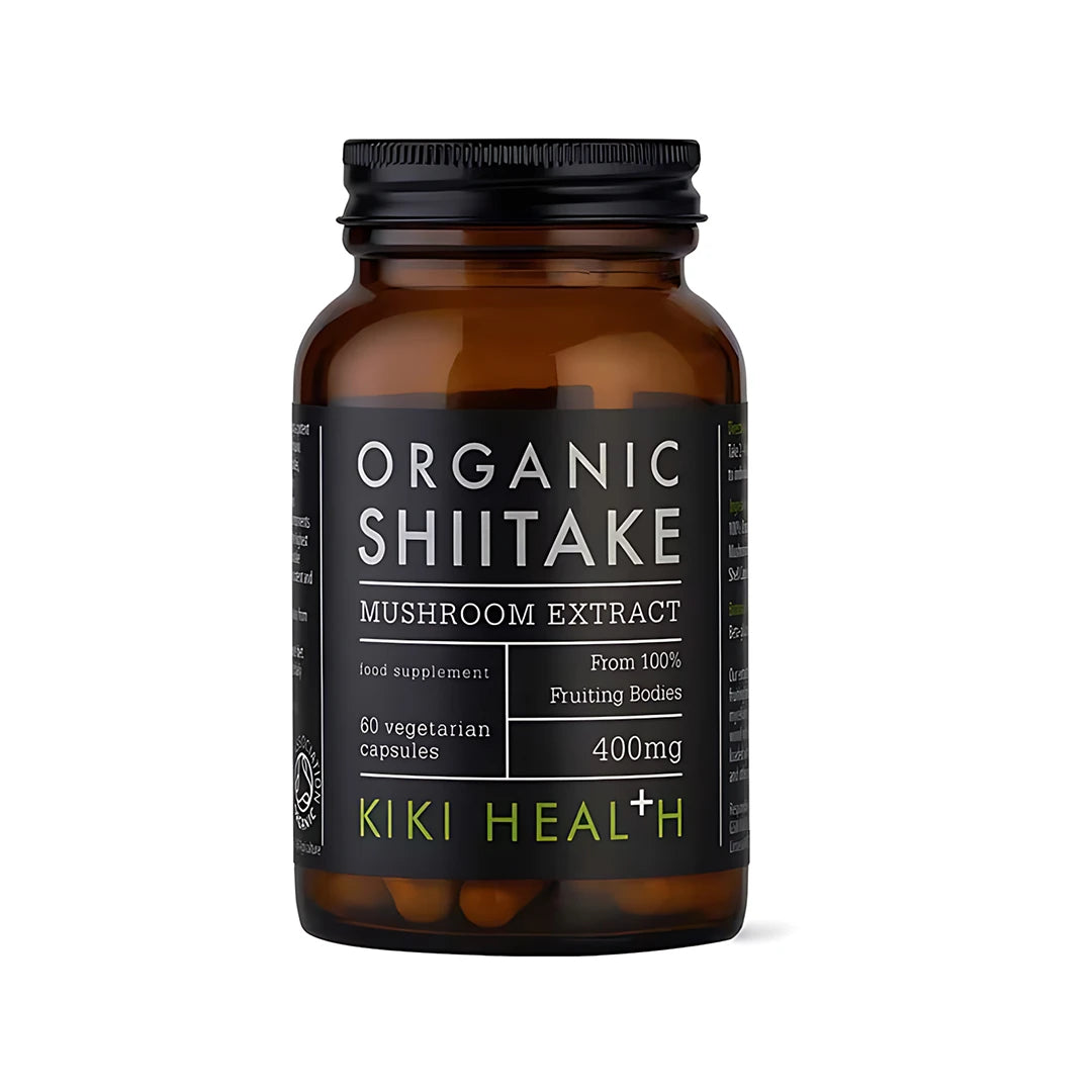 KIKI Health Organic Shiitake Extract Mushroom 60 caps ruskeassa lasipurkissa mustalla etiketillä., kuva 1/1
