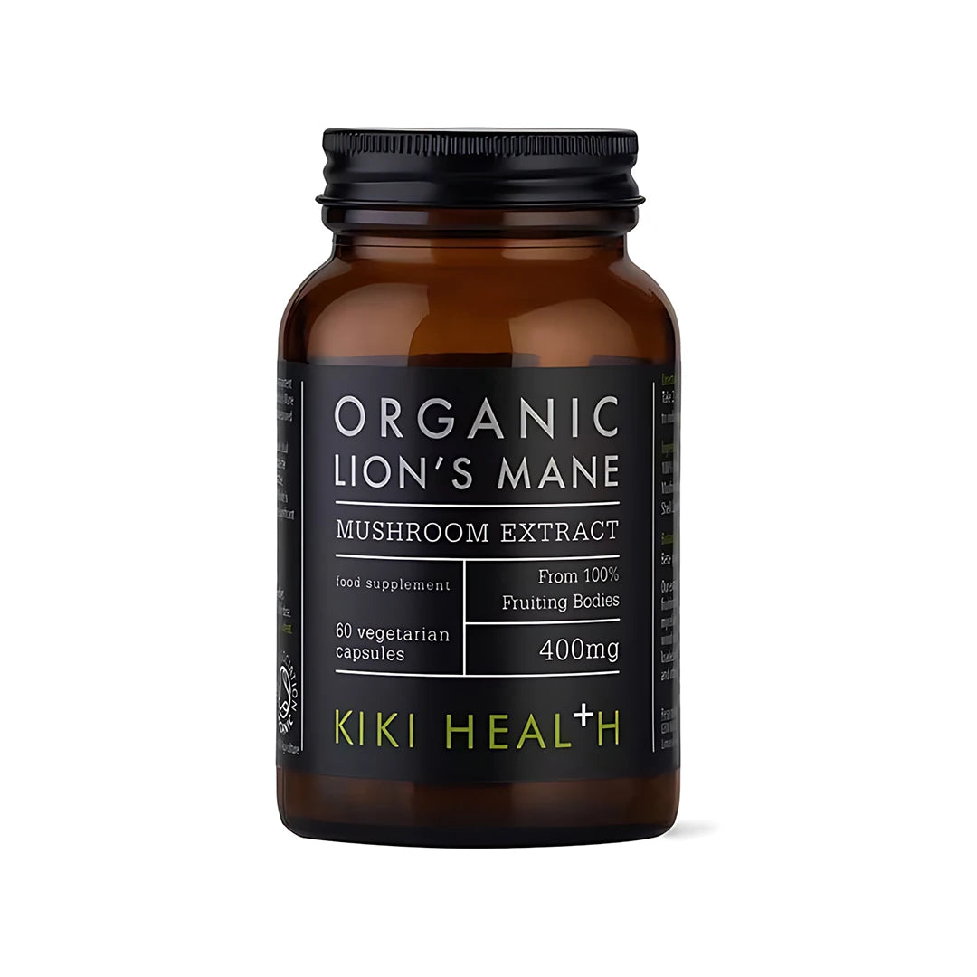 KIKI Health Organic Lions Mane Extract 60 kapselia ruskeassa lasipurkissa, jossa on musta etiketti ja kansi., kuva 1/1