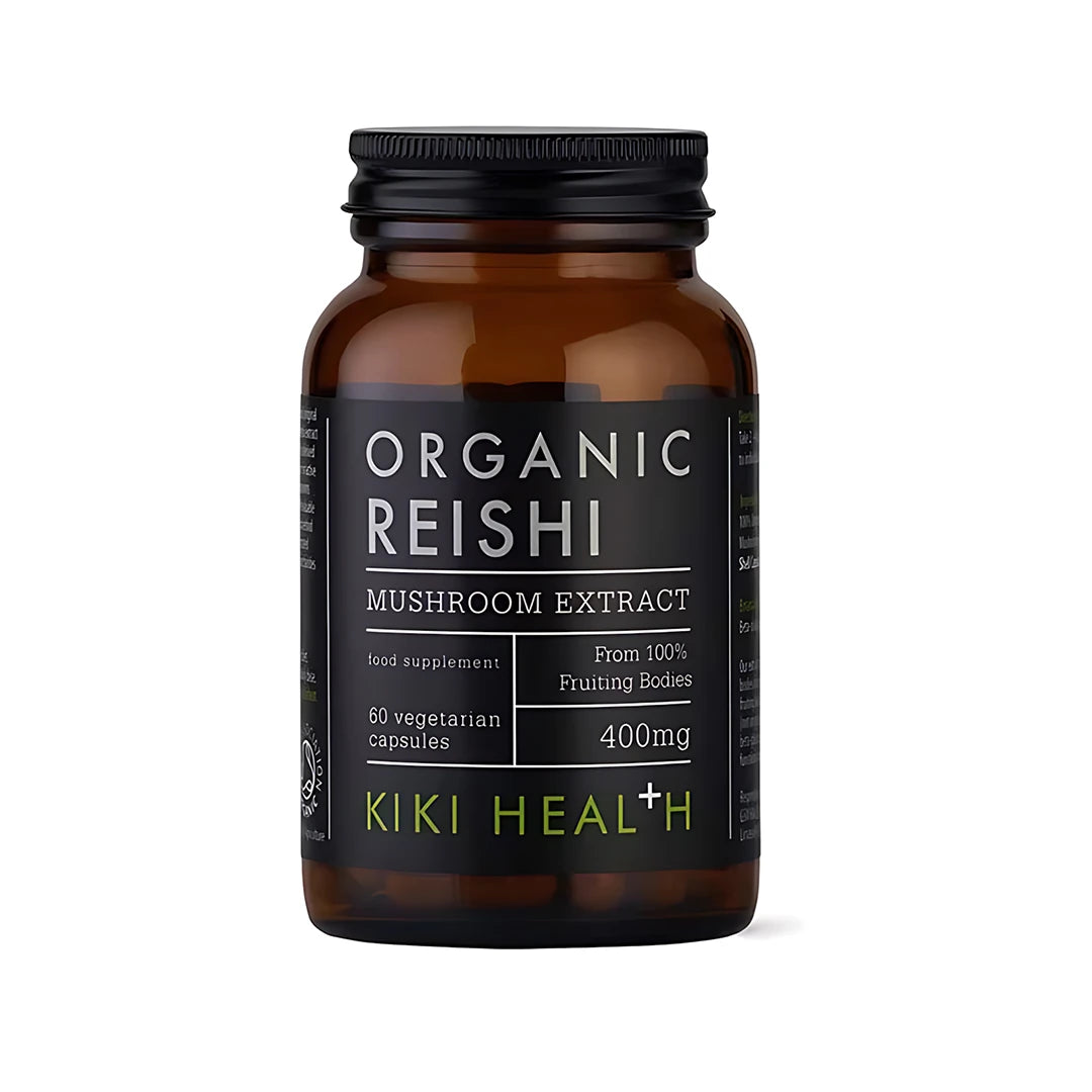 KIKI Health Organic Reishi Extract 60 kapselin sieniuute ruskeassa lasipurkissa mustalla etiketillä., kuva 1/1