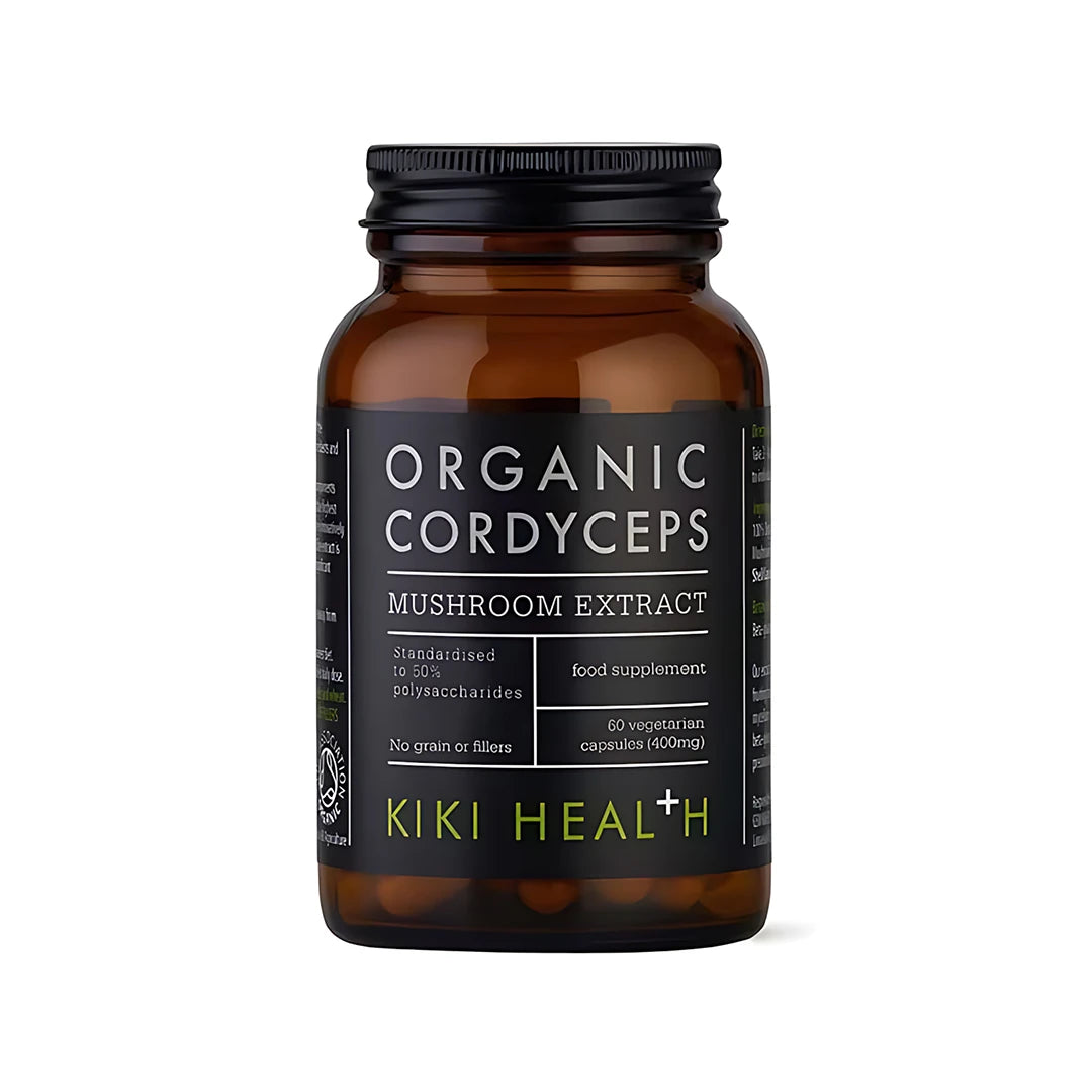 KIKI Health Organic Cordyceps Extract 60 caps tummanruskeassa lasipurkissa mustalla etiketillä ja kannella.