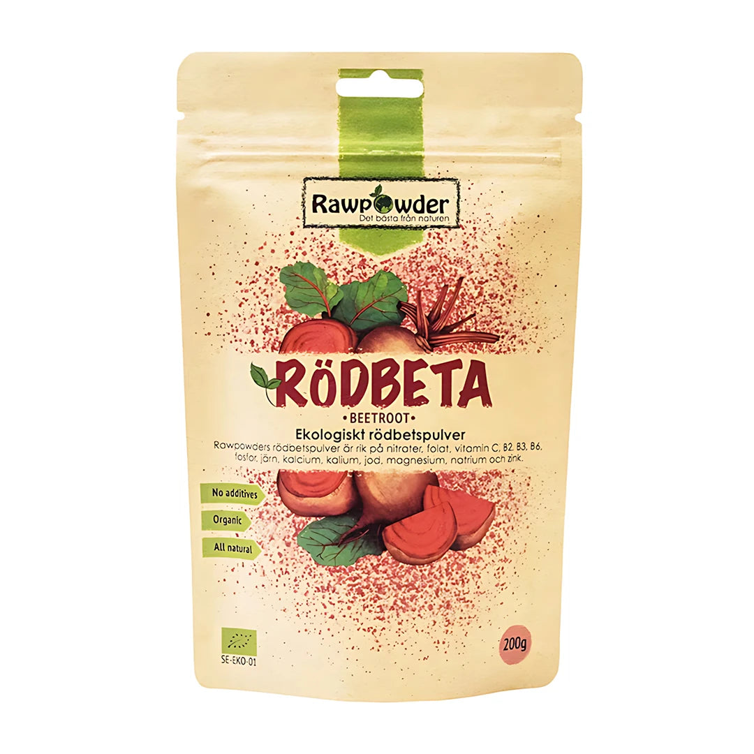 Beigen värinen paperipussi, jossa Rawpowder Rödbetspulver 200 g -punajuurijauhetta, punajuurikuvitus ja vihreä logo.