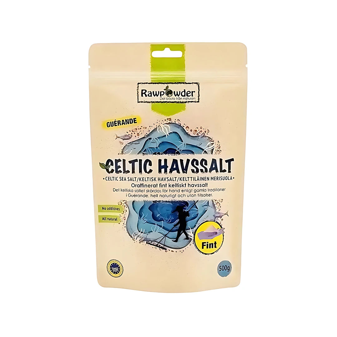 Rawpowder Celtic Havssalt Fint 500 g beigessä pussissa, jossa on sininen meriaihe.