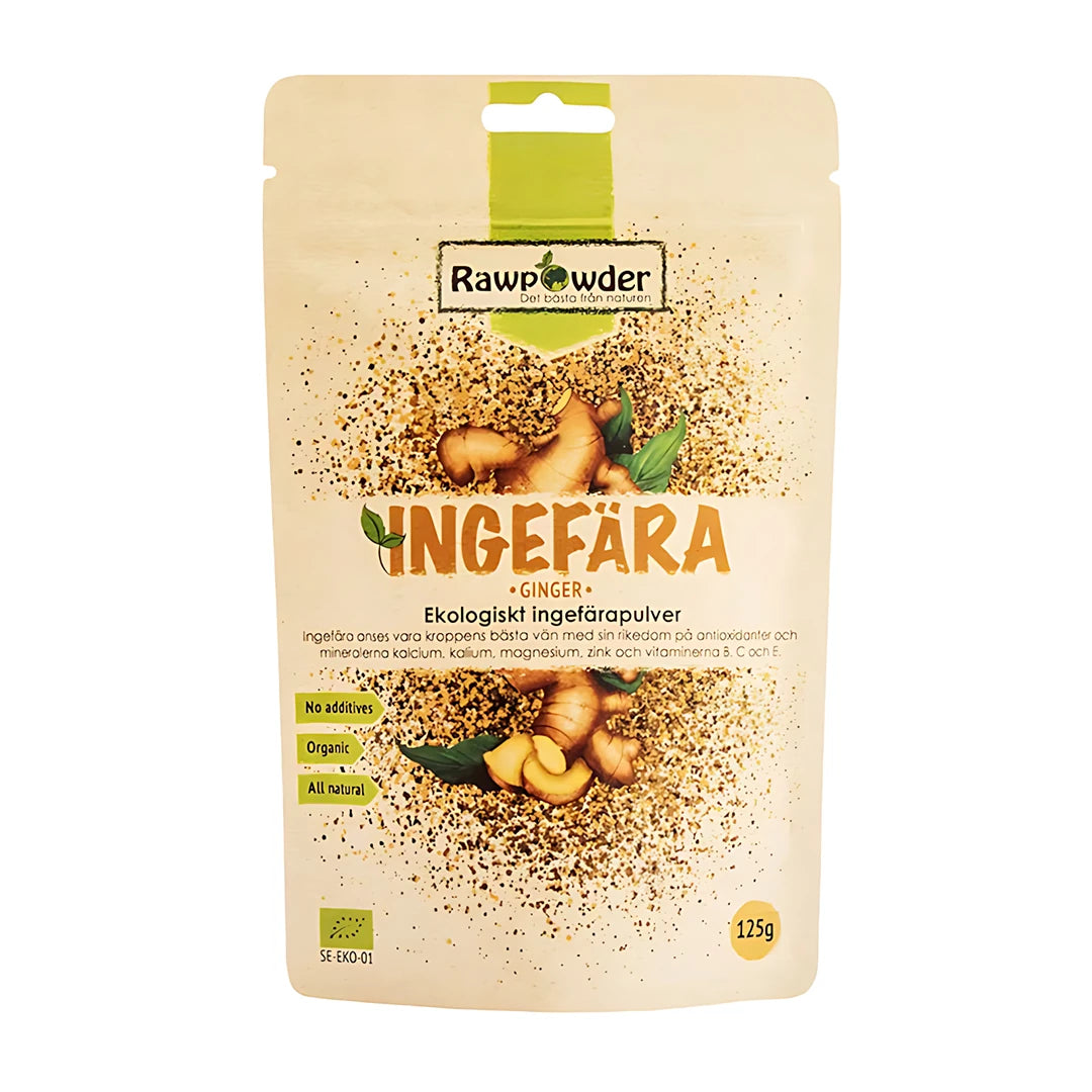 Rawpowder Ingefära pulver 125 g beigessä pussissa, jossa on vihreitä yksityiskohtia ja inkiväärin kuvitus.