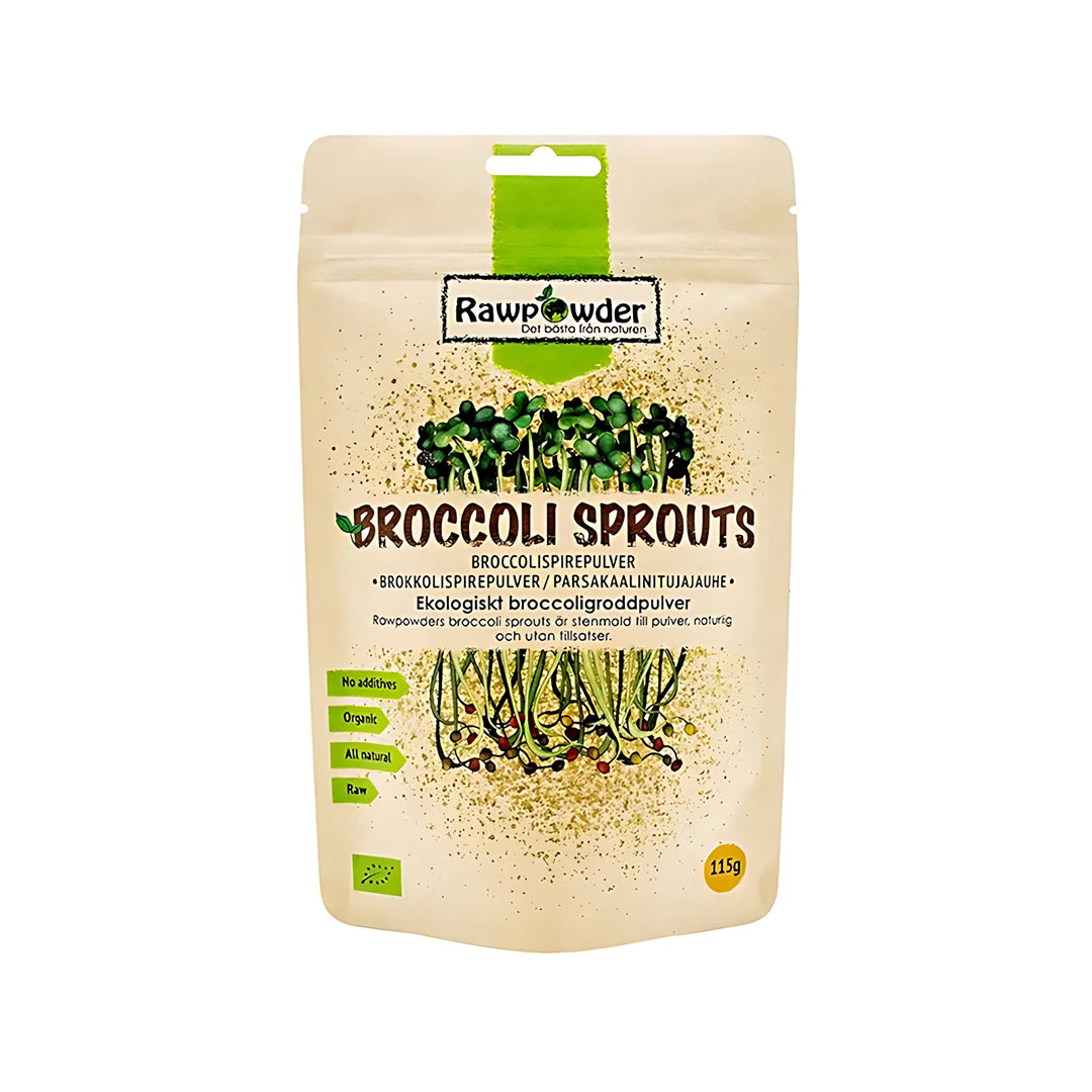 Rawpowder Broccoligroddar -jauhe 115 g beigessä pussissa, jossa on vihreitä yksityiskohtia ja parsakaalin ituja., kuva 1/1
