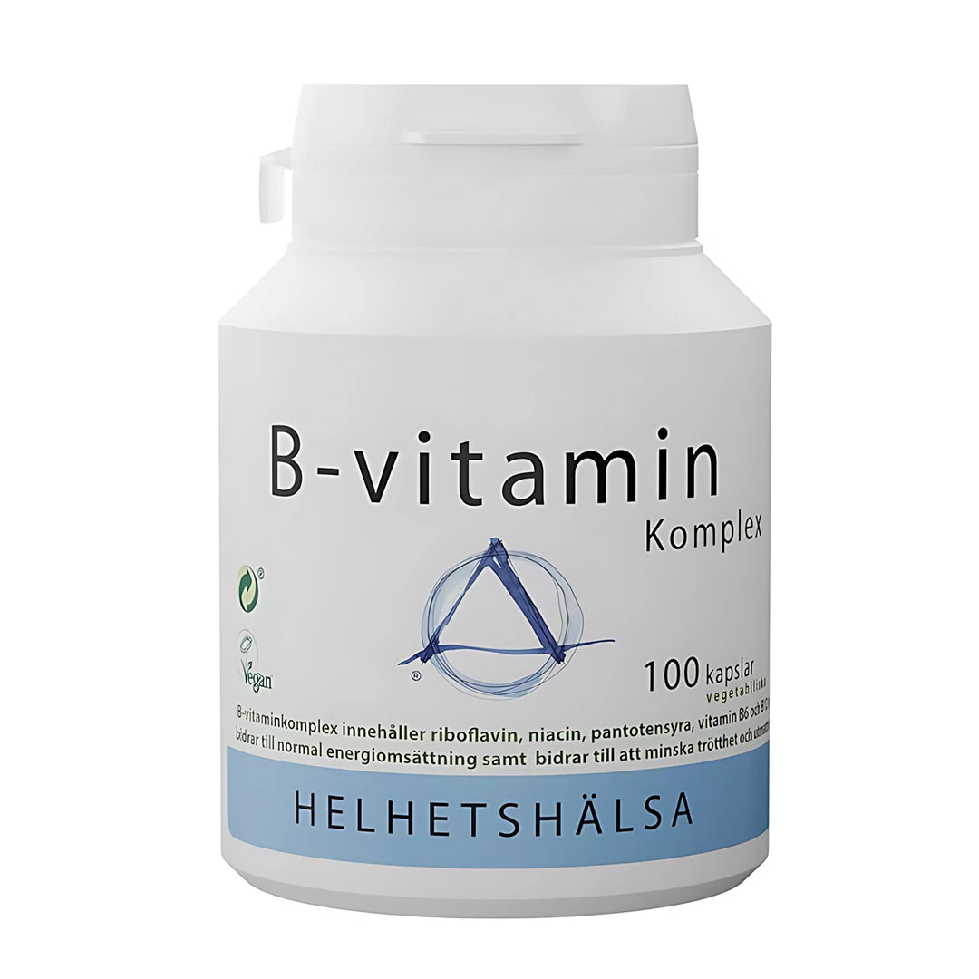 Helhetshälsa B-vitamin komplex 100 caps valkoisessa muovipurkissa, jonka etiketissä on sinisiä ja mustia yksityiskohtia.