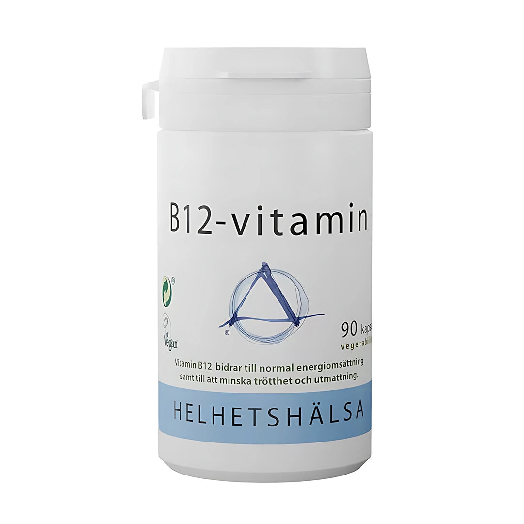Helhetshälsa B12 Vitamin 90 caps -ravintolisä valkoisessa muovipurkissa vaaleansinisillä yksityiskohdilla., kuva 1/1