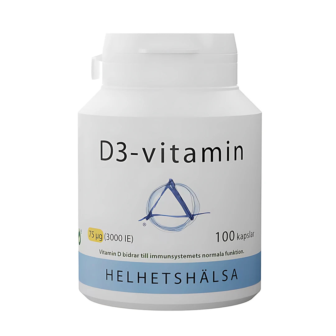 Helhetshälsa D3-Vitamin 75 µg 100 caps valkoisessa purkissa sinisillä yksityiskohdilla.