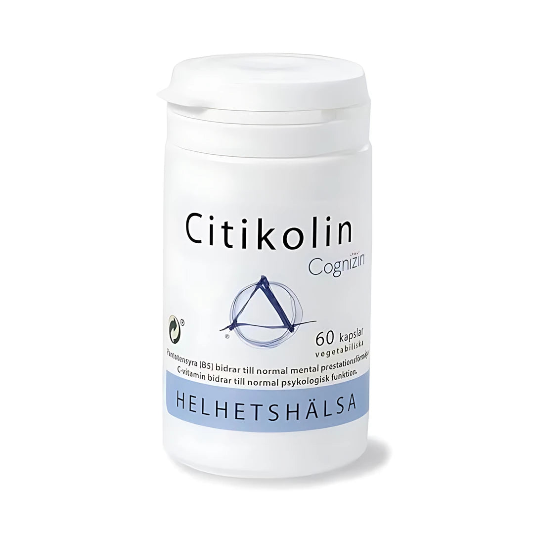 Helhetshälsa Citikolin 60 caps, valkoinen muovipurkki sinisillä ja mustilla teksteillä.