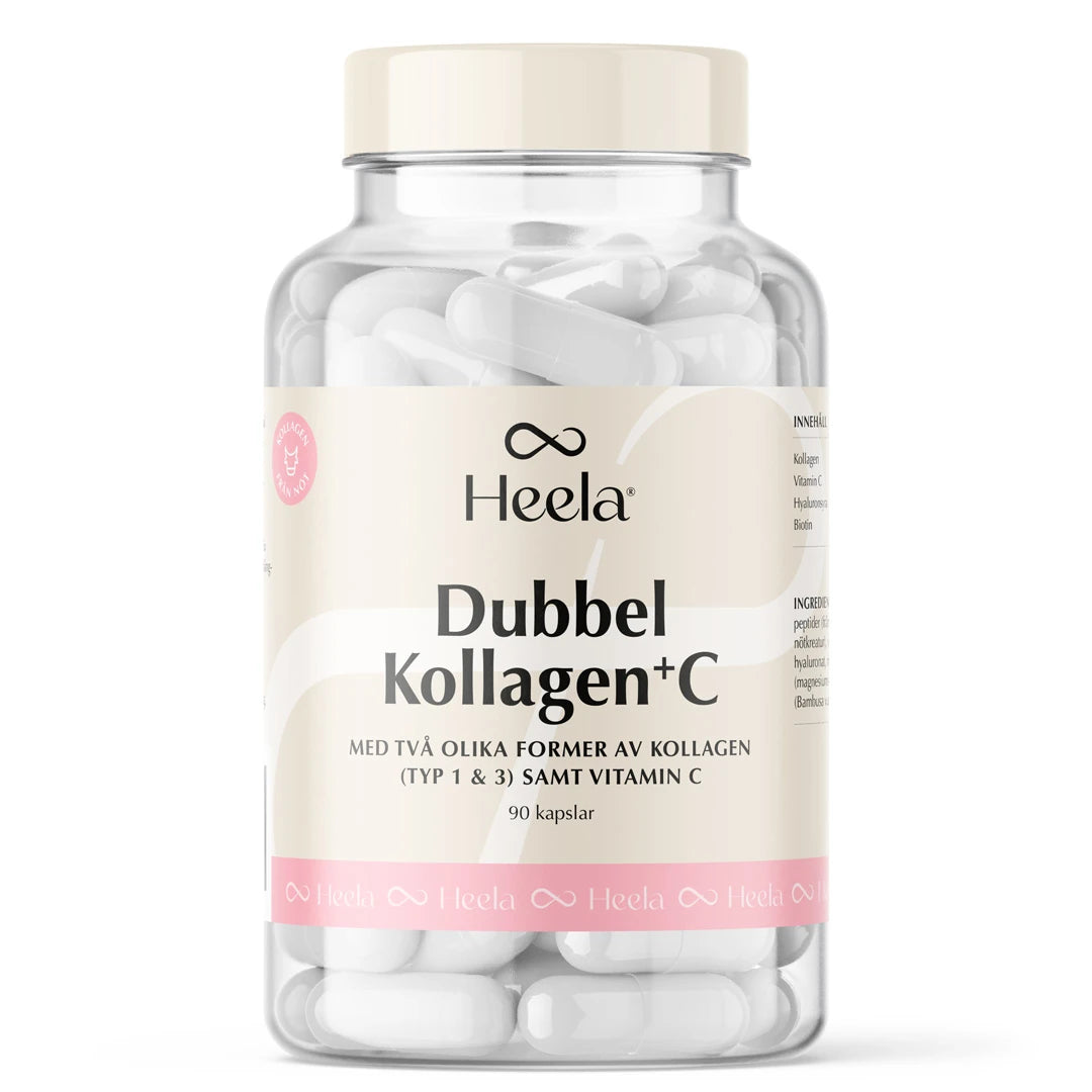 Heela Dubbel Kollagen + C 90 caps läpinäkyvässä purkissa valko-beigellä etiketillä, täynnä valkoisia kapseleita.