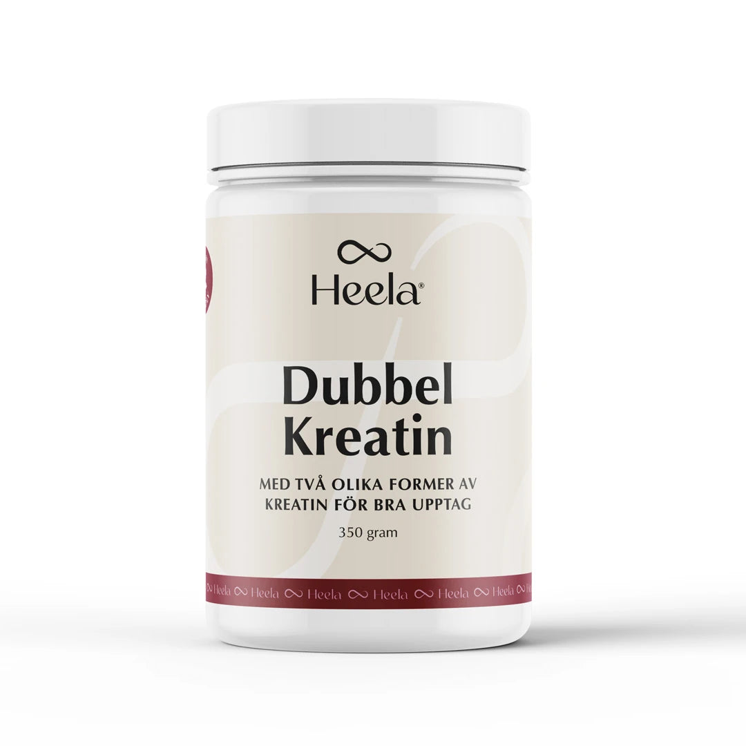 Heela Dubbel Kreatin 350 g -kreatiinijauhe valkoisessa purkissa, jossa on vaaleanbeige etiketti.
