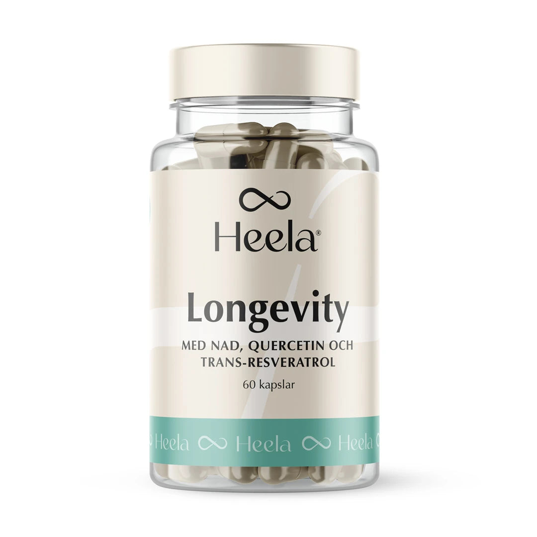 Heela Longevity 60 caps -ravintolisä läpinäkyvässä muovipurkissa, jossa on beige etiketti ja turkooseja yksityiskohtia.