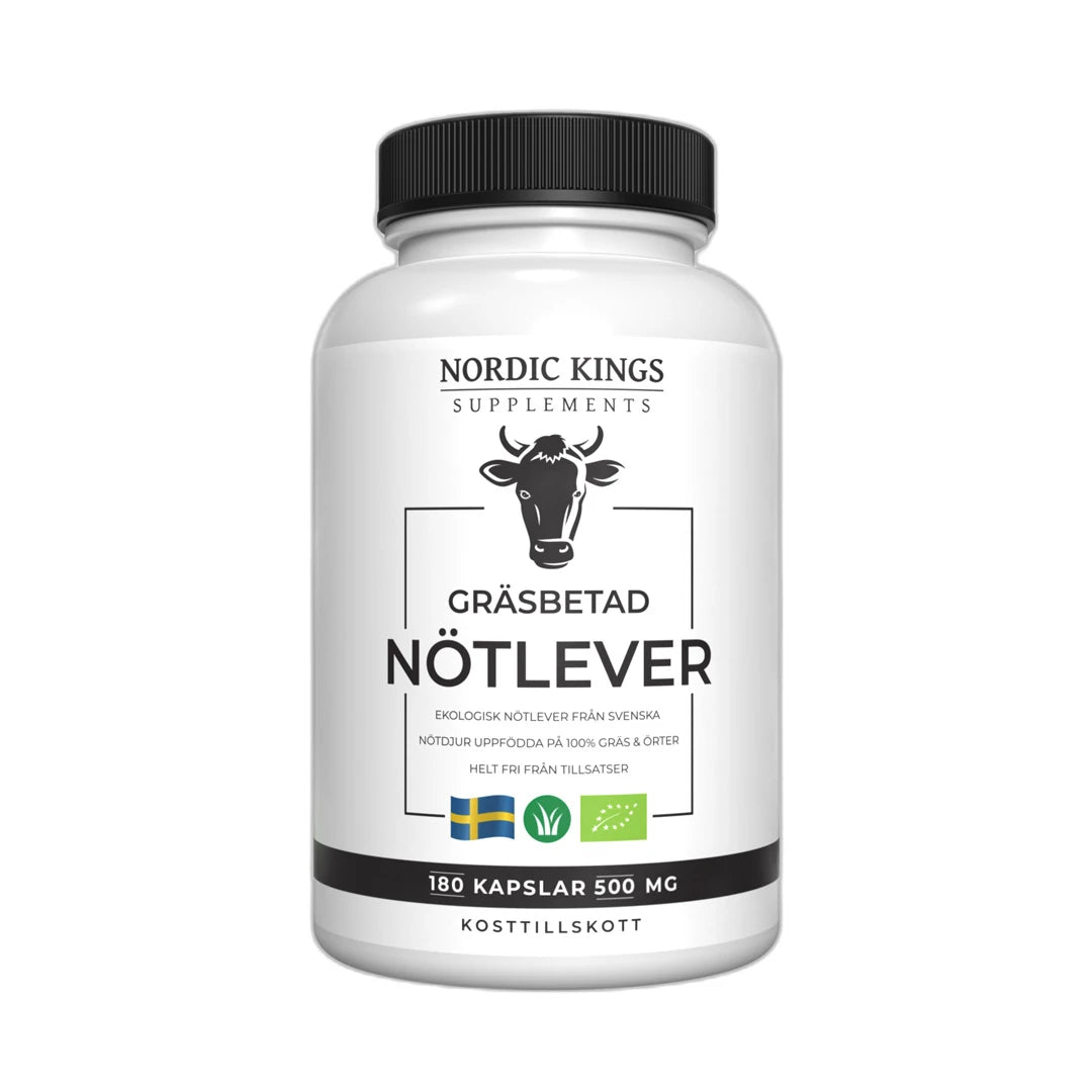 Nordic Kings Gräsbetad Nötlever EKO 180 caps valkoisessa purkissa, jossa on musta kansi ja lehmäkuvioitu etiketti.