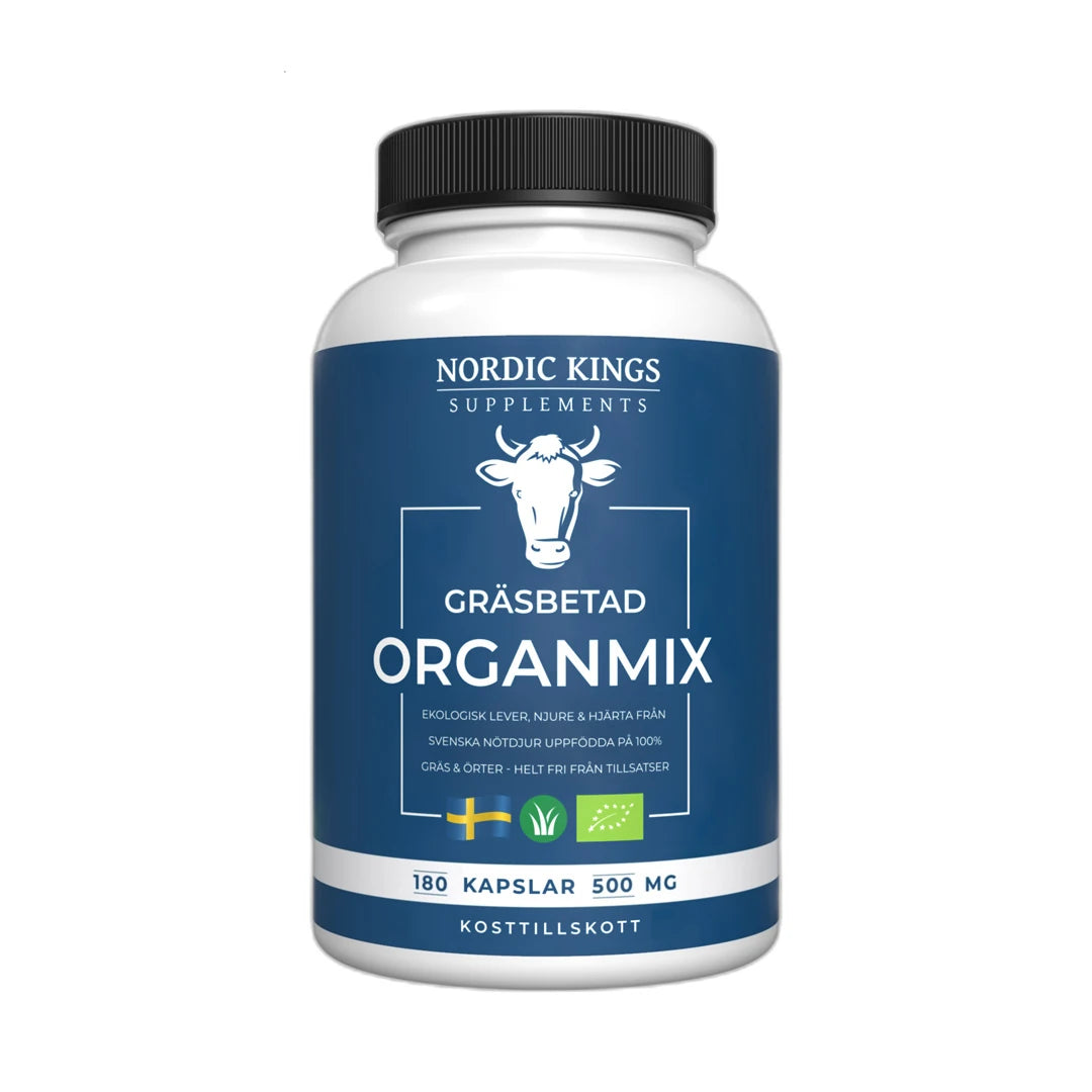 Nordic Kings Gräsbetad Organmix EKO 180 caps valkoisessa purkissa, jossa on tummansininen etiketti ja musta kansi.