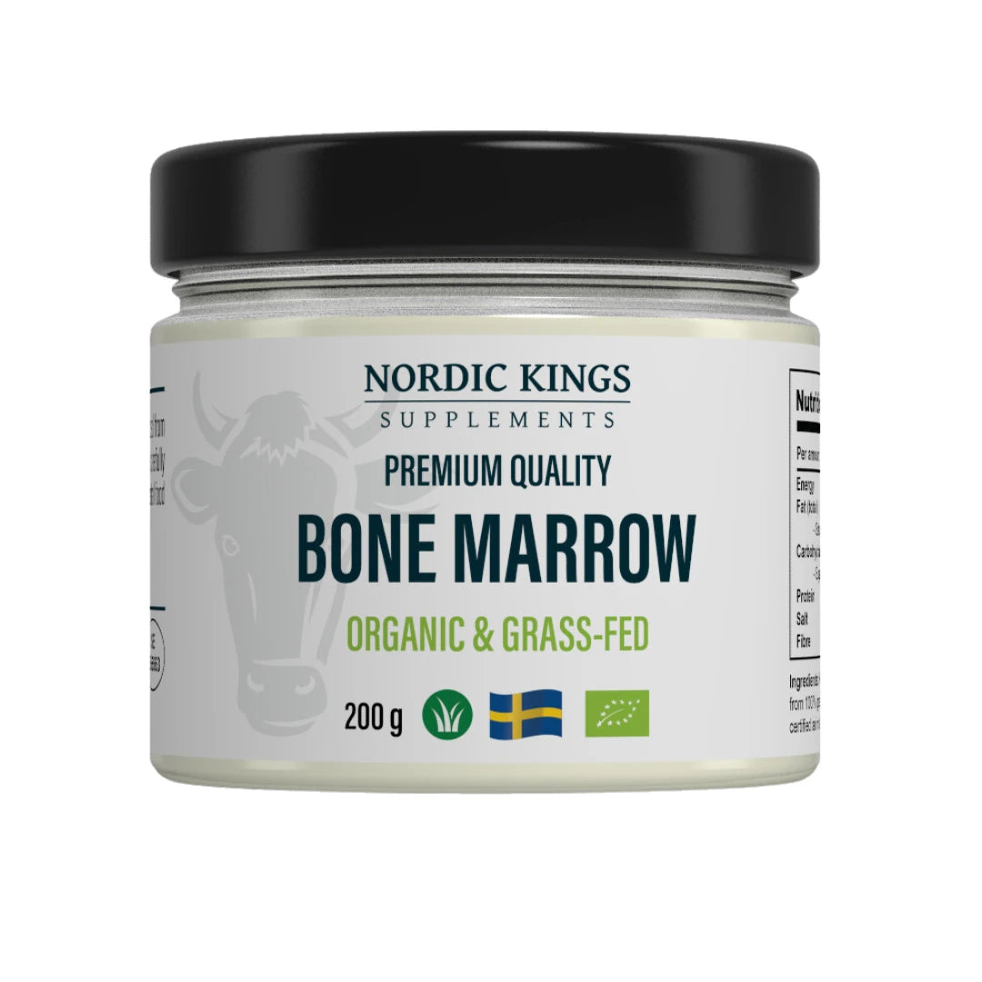 Nordic Kings Premium Bone Marrow EKO 200 g lasipurkissa, jossa on musta kansi ja valkoinen etiketti.