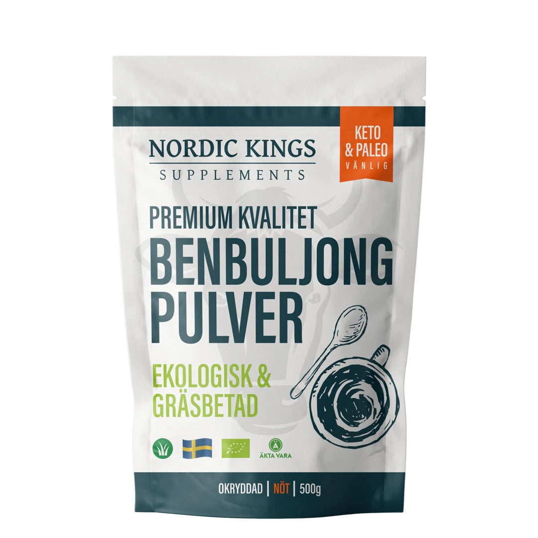 Nordic Kings Premium Benbuljongpulver EKO 500 g valkoisessa pussissa tummansinisillä ja oransseilla yksityiskohdilla.