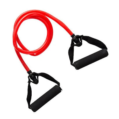 Punainen Virtufit Resistance Cable Light -vastuskuminauha mustilla pehmustetuilla kahvoilla voimaharjoitteluun.