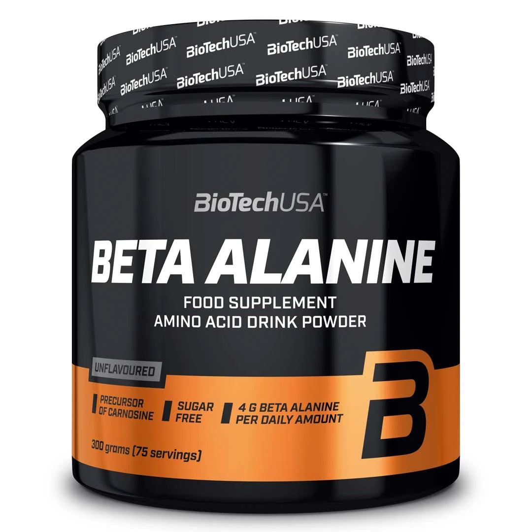 Musta purkki BioTechUSA Beta Alanine 300 g -aminohappojauhetta, valko-oranssit yksityiskohdat ja logo kannessa.
