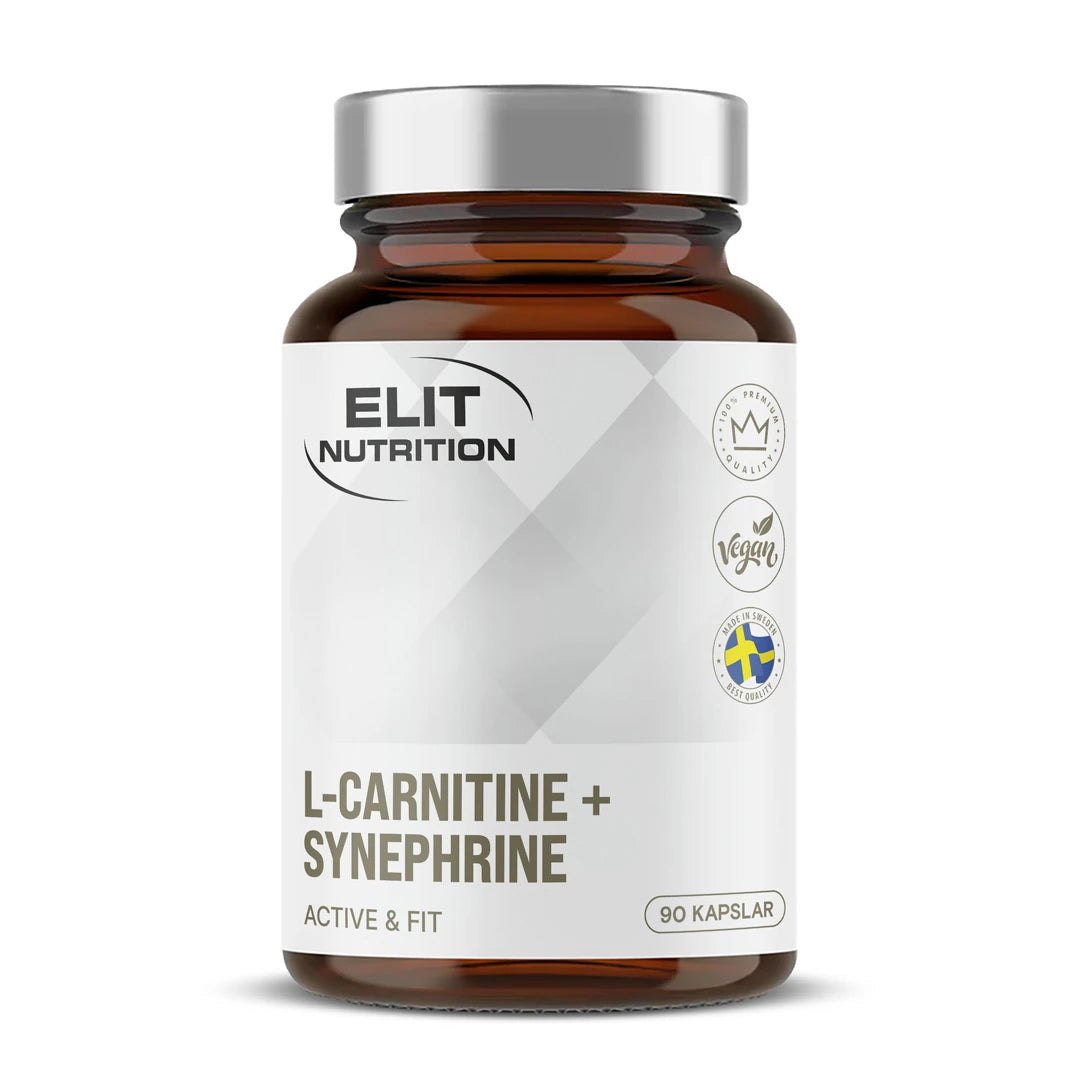 Tummanruskea Elit Nutrition Thermo L-carnitine + Synephrine -ravintolisäpurkki hopeakannella ja valkoisella etiketillä.
