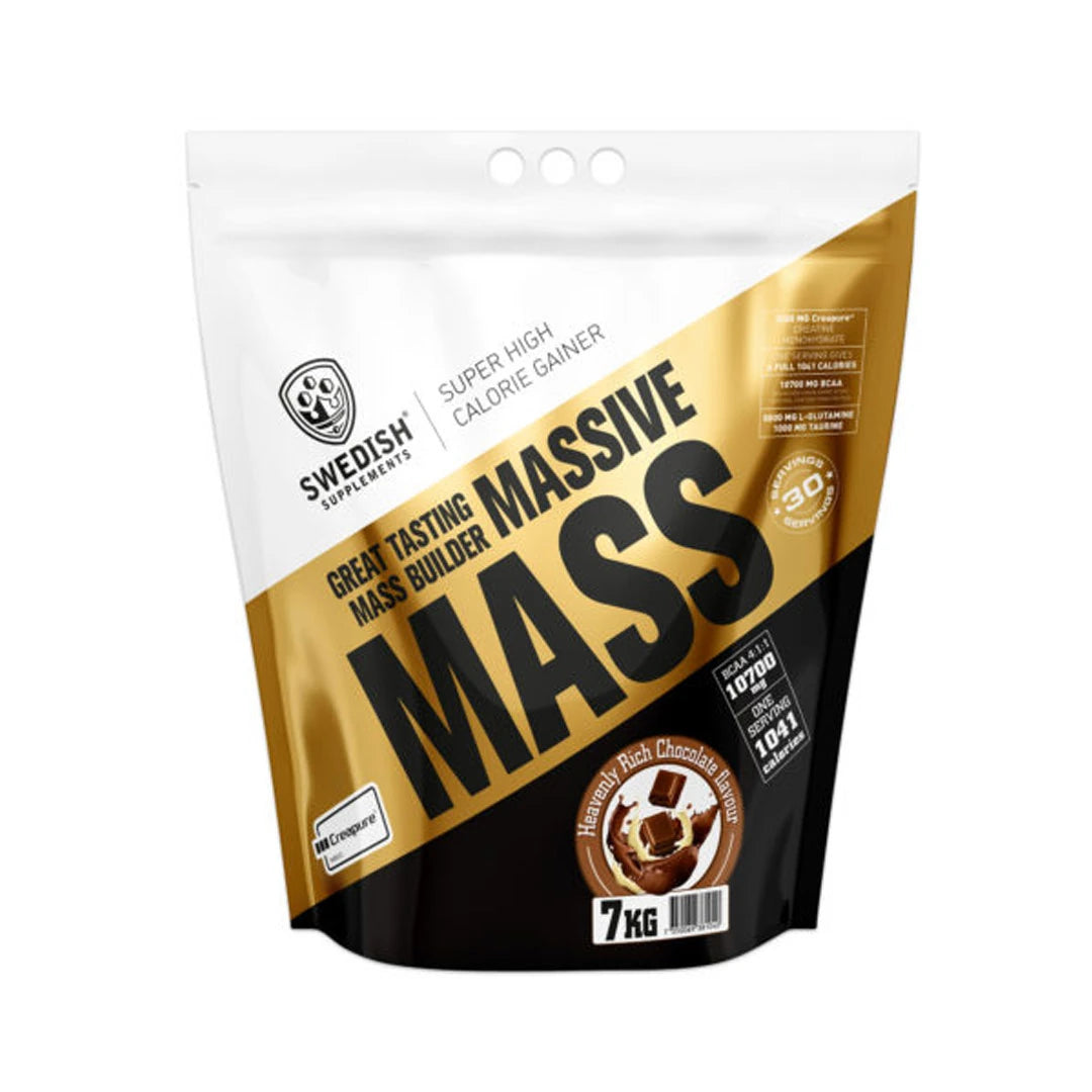 Swedish Supplements Massive Mass 7 kg gainer valko-kulta-mustassa pussissa, makuna Heavenly Rich Chocolate.