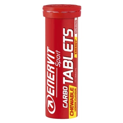Punainen putkilo Enervit Sport Carbo Tablets Lemon -tabletteja nopeaan energiansaantiin.